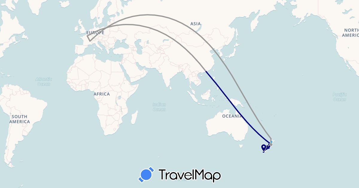 TravelMap itinerary: driving, plane, hiking, boat in France, Hong Kong, New Zealand (Asia, Europe, Oceania)